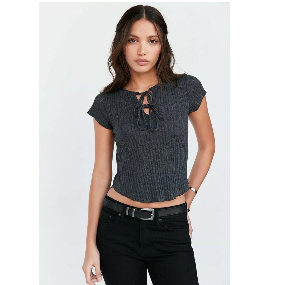 Urban Outfitters Kimchi Blue Sally Ribbed Knit Lace-Up Tee Cap Sleeve Top